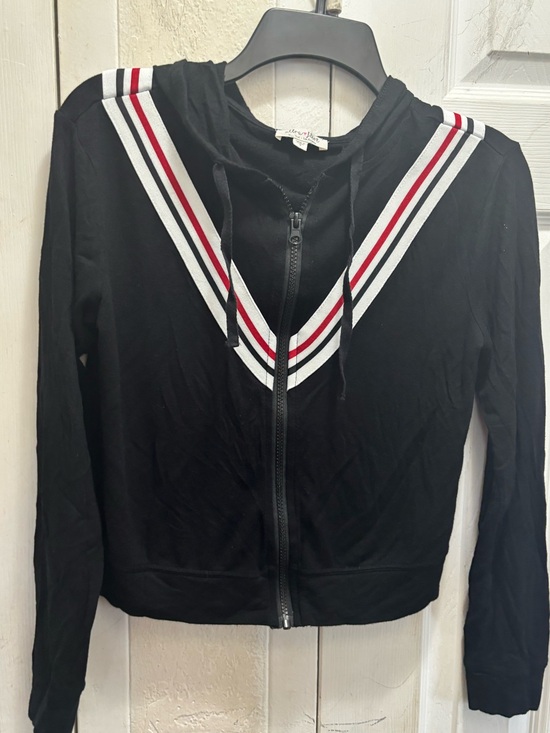 Ultra Flirt Jackets & Blazers - Ultra Flirt Black Zip-Front Hoodie Jacket with White & Red Stripe Detail